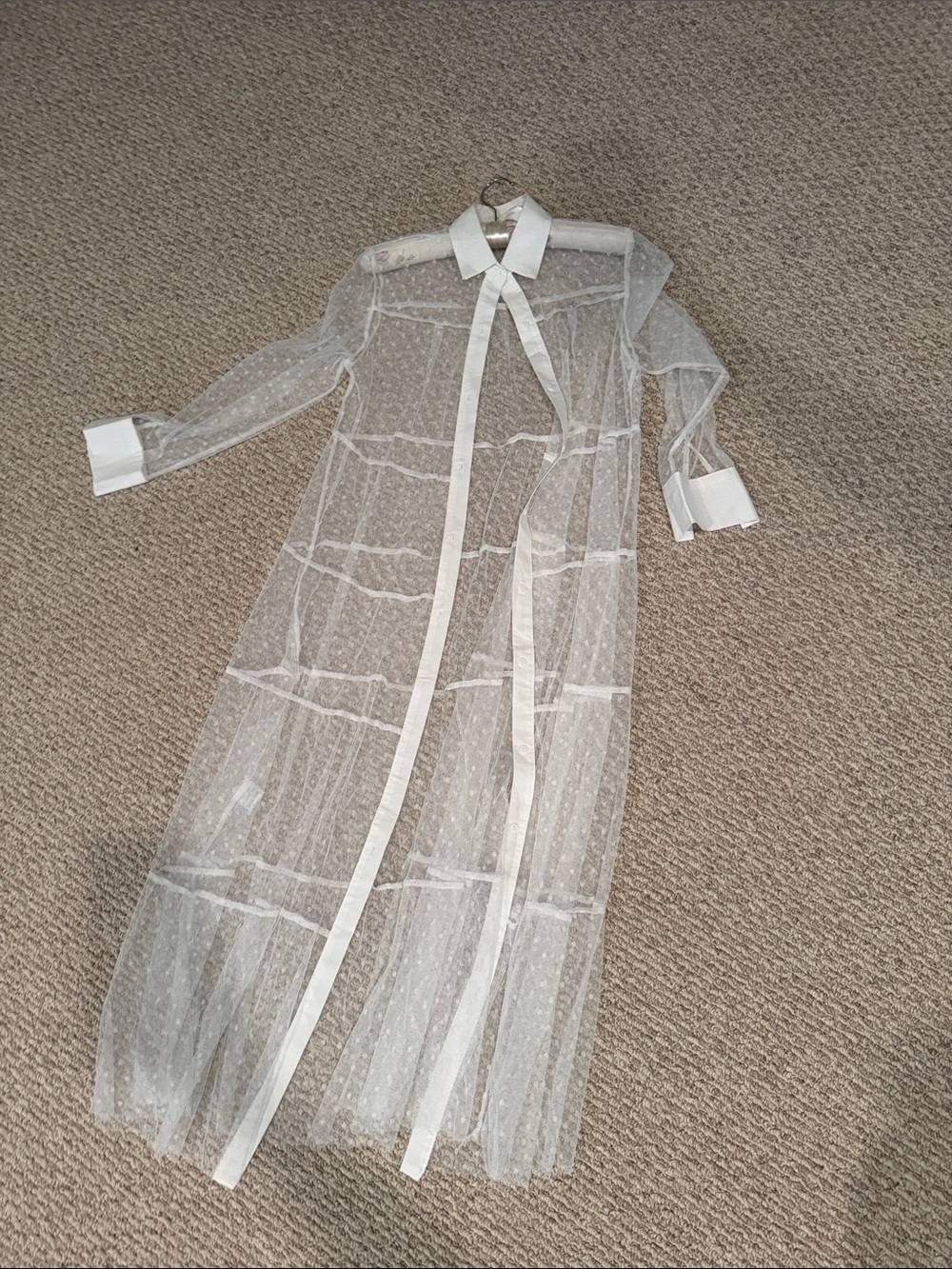 Sheer White Dotted Long Robe with Collar